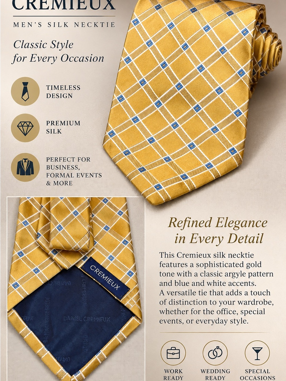 Daniel Cremieux Gold Plaid Silk Tie with Blue and White Accents